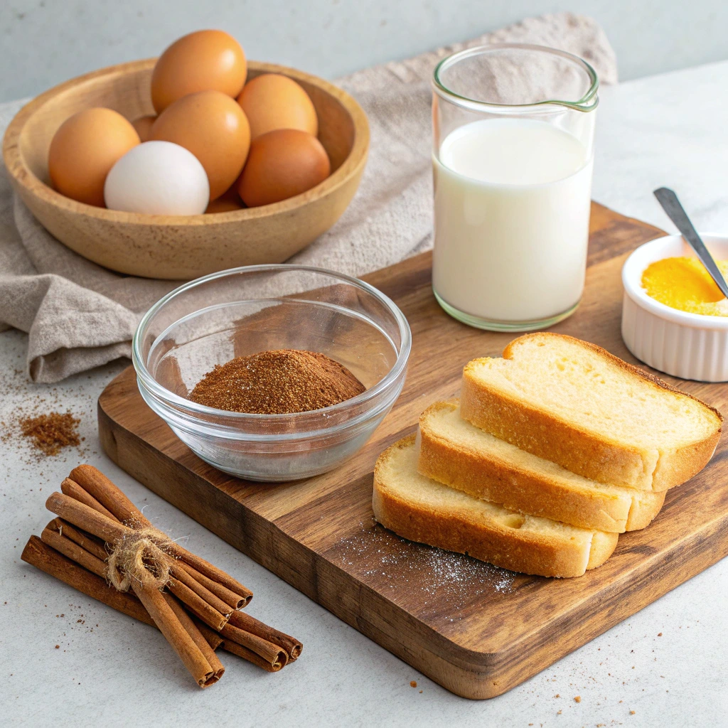 Essential Ingredients for the Perfect French Toast A visually appealing flat lay of key French toast ingredients, including bread, eggs, milk, cinnamon, vanilla extract, and butter. Perfect for making a rich and flavorful breakfast.