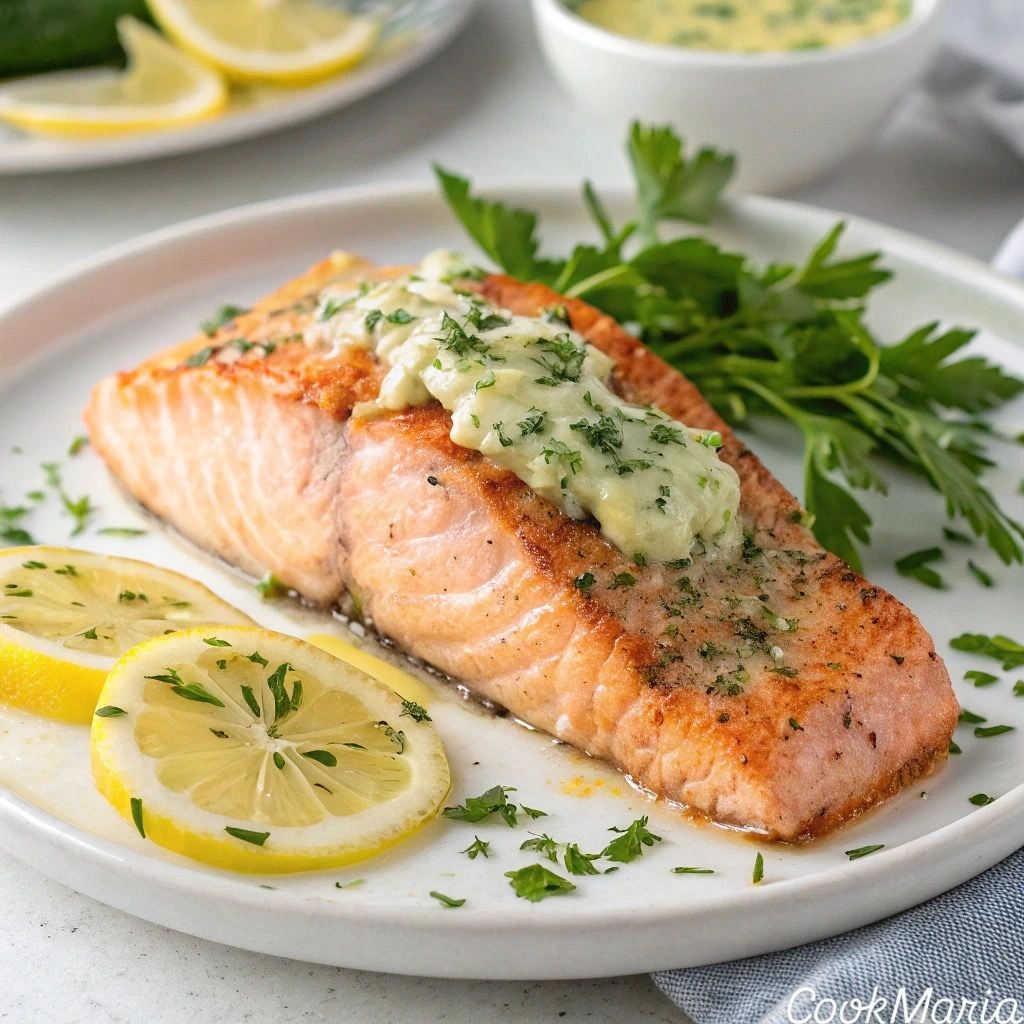 Oven-baked salmon fillet with a golden, crispy crust, topped with creamy herb butter, garnished with fresh parsley and lemon slices on a white plate.