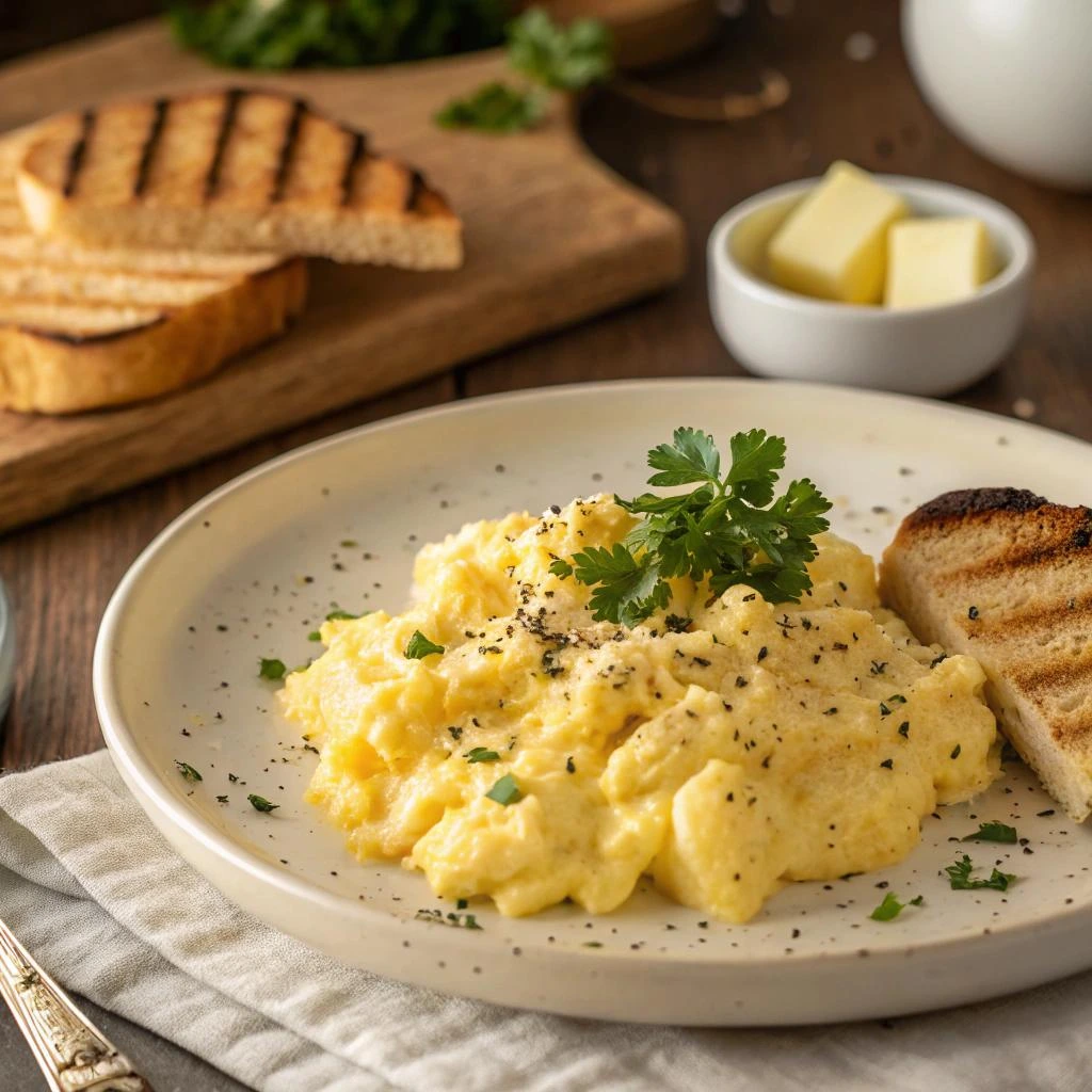 This is a delicious-looking plate of scrambled eggs with toast and butter