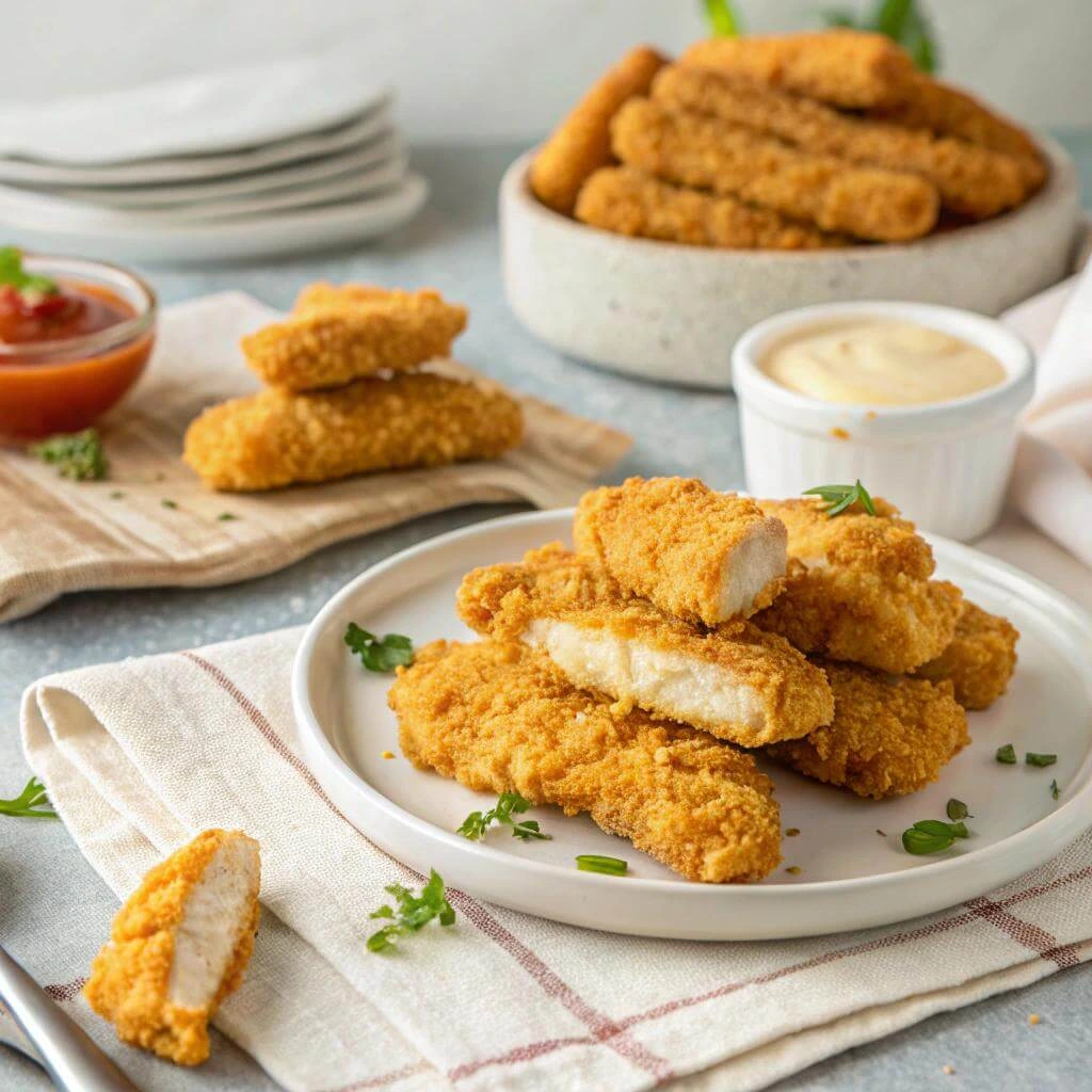Crispy homemade chicken fingers served with dipping sauces.