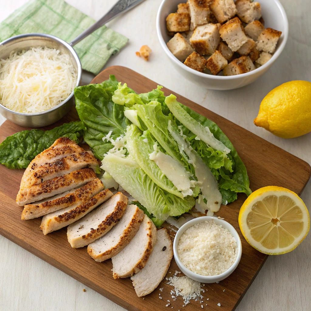 Ingredients for grilled chicken Caesar salad on a wooden board, including sliced grilled chicken breast, romaine lettuce, grated Parmesan cheese, croutons, and fresh lemon.