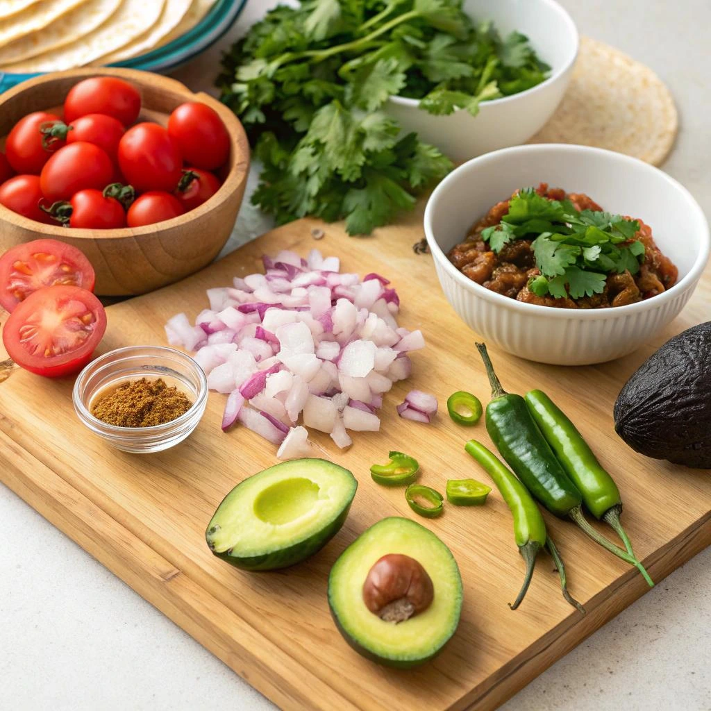 Fresh Ingredients for Spitfire Tacos on a Wooden Cutting Board