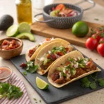 Spitfire Tacos Served with Fresh Salsa, Lime, and Cilantro on a Slate Plate