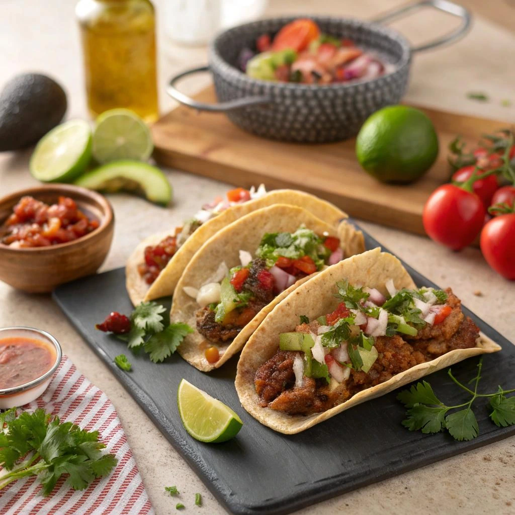 Spitfire Tacos Served with Fresh Salsa, Lime, and Cilantro on a Slate Plate