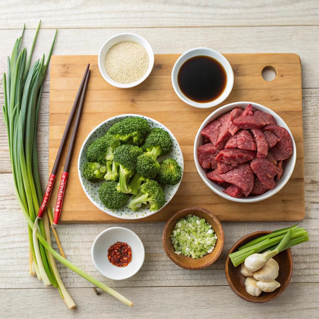 A flat lay of the ingredients for a beef and broccoli stir fry laid out neatly on a wooden kitchen counter.