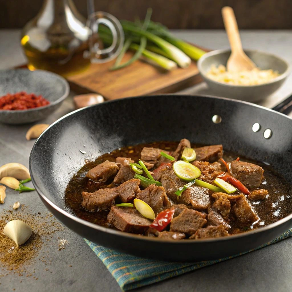 A sizzling black wok filled with tender beef cubes in a rich, dark sauce, garnished with lime slices, red chili peppers, and green onions, surrounded by fresh garlic, spices, and cooking ingredients on a gray kitchen counter