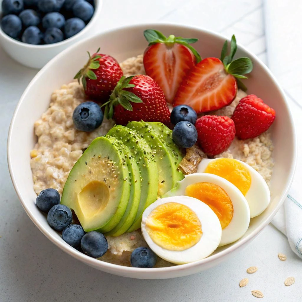 A healthy breakfast bowl with oatmeal, sliced avocado, boiled eggs, strawberries, blueberries, and raspberries.