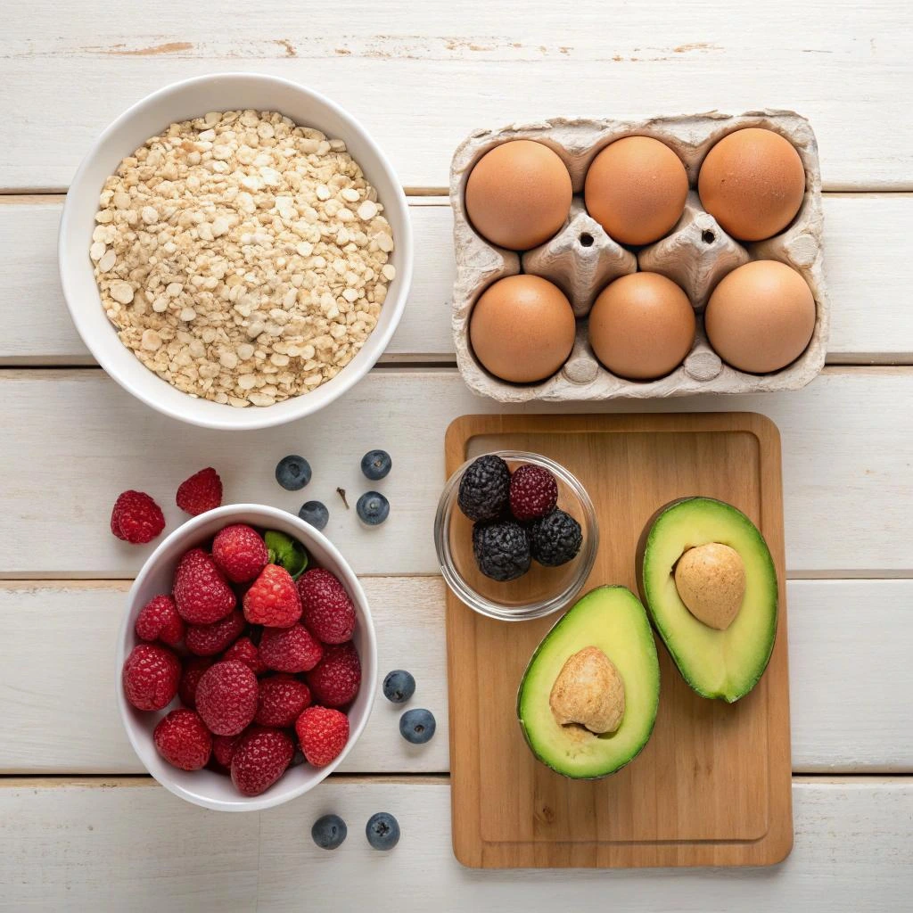 Top-down view of healthy breakfast ingredients including a bowl of oats, a carton of eggs, fresh raspberries, blueberries, blackberries, and halved avocado on a wooden cutting board.