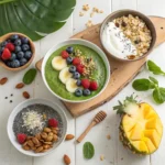 "A variety of quick and easy breakfast ideas for a perfect start to your day, including smoothies, eggs, and oatmeal.