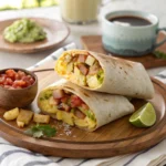 Close-up of a breakfast burrito cut in half, filled with eggs, potatoes, avocado, tomatoes, and cheese, served with salsa and coffee.