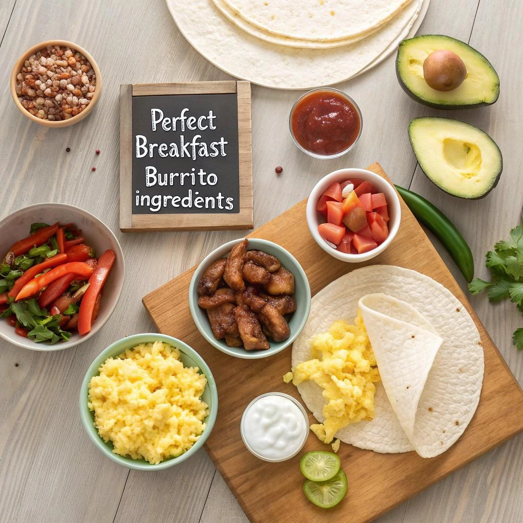 Top-down view of breakfast burrito ingredients, including scrambled eggs, tortillas, diced tomatoes, avocado, cooked sausage, sautéed vegetables, sour cream, salsa, grains, and lime slices, arranged around a chalkboard that reads 'Perfect Breakfast Burrito ingredients'.