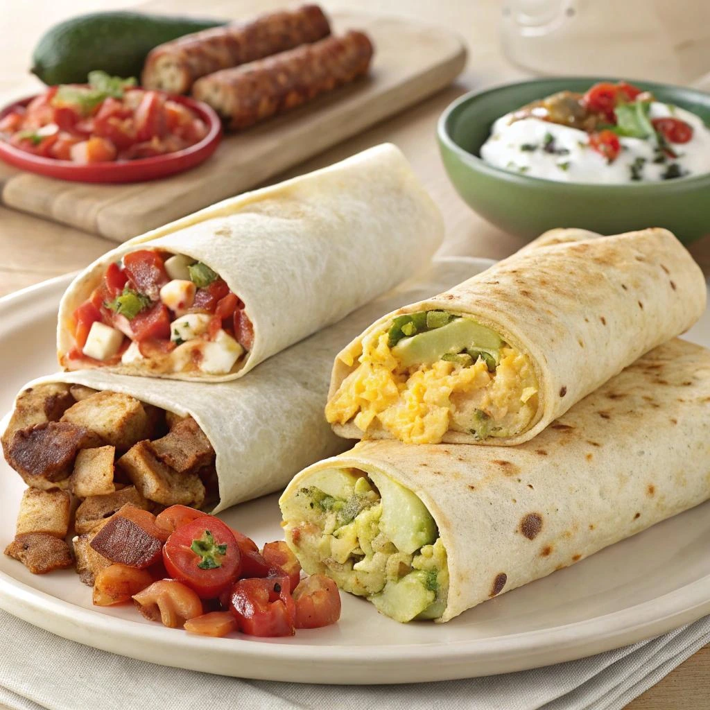 Four breakfast burritos on a white plate, each filled with different ingredients including scrambled eggs, avocado, diced potatoes, salsa, and cheese. The burritos are served with a side of salsa and roasted potatoes. In the background, there are sausages, diced tomatoes, an avocado, and a bowl of sour cream with herbs