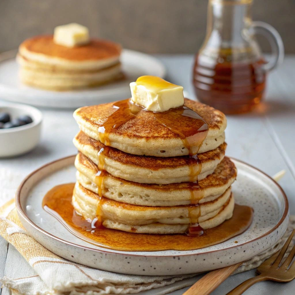 A stack of fluffy golden pancakes topped with a pat of butter and drizzled with maple syrup, served on a ceramic plate with a fork and napkin, with more pancakes and syrup in the background