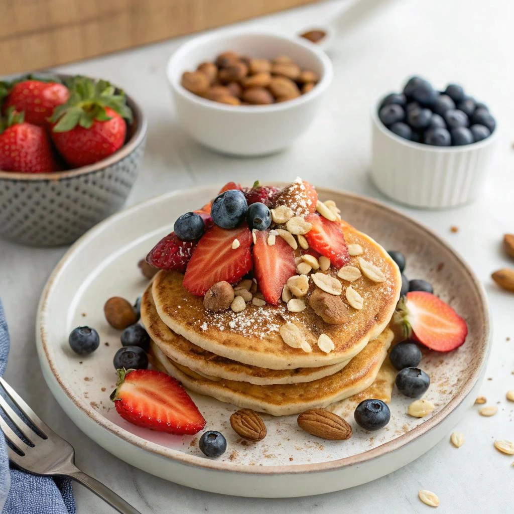 A stack of pancakes topped with fresh strawberries, blueberries, oats, and almonds, served on a ceramic plate with more berries and nuts scattered around