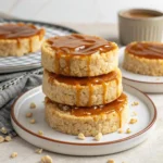 Stack of round caramel rice cakes with gooey caramel topping on a plate.
