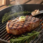"Perfectly grilled steak with a crispy crust and juicy interior, served on a plate."