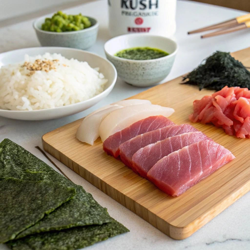 Ingredients for making sushi laid out on a table, including sliced tuna and scallops on a wooden board, bowls of rice, green sauce, chopped green garnish, and sheets of nori (seaweed).