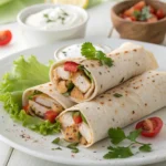 Chicken wraps with vegetables and herbs served with a side of dipping sauce.
